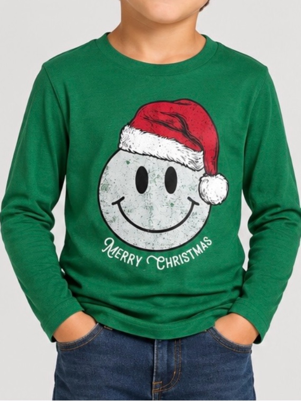 Holiday Time Kids M(8) Green Long-Sleeve Merry Christmas Smiley Tee